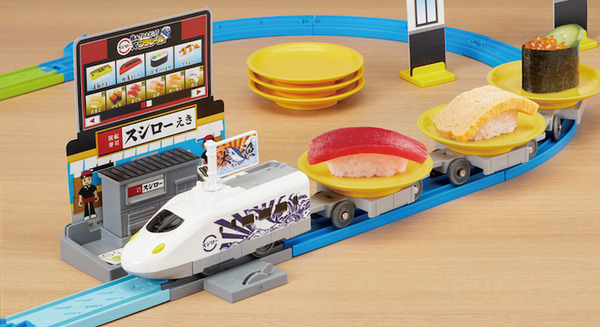 プラレールとスシローがコラボ 本物のお寿司を乗せて運べる新
