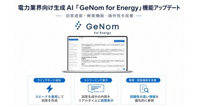 グリッドの電力業界向け生成AI「GeNom for Energy」がアップデート 回答速度・表示体験・検索回答機能・操作性の4領域を改善 画像