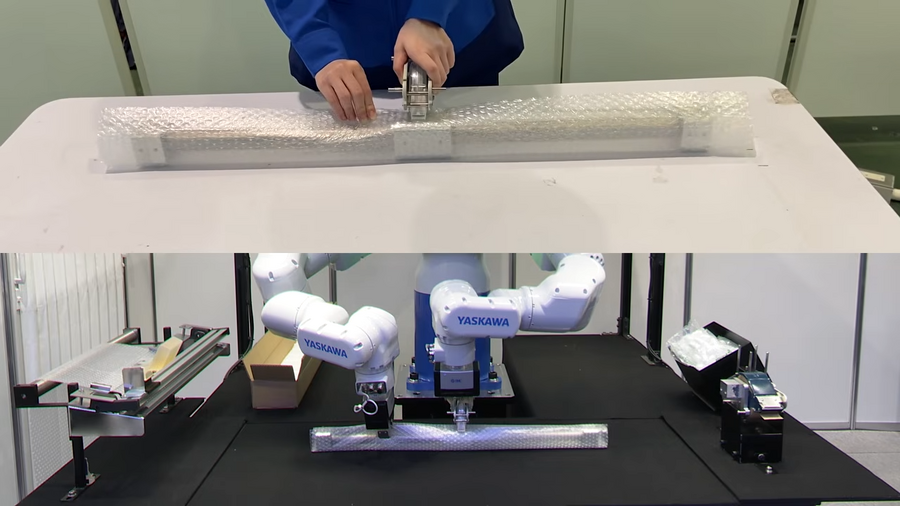 安川電機が双腕ロボットで梱包作業を自動化、模倣学習と強化学習でティーチングレス実現