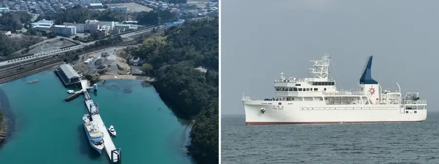 左写真｜鳥羽商船高等専門学校の外観(奥側)・練習船が停泊する桟橋(手前側)、右写真｜令和7年3月竣工の練習船鳥羽丸四代目