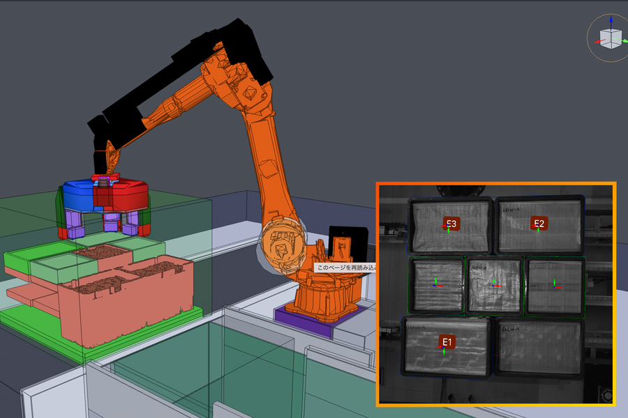 3Dビジョンによる混載パレットのスキャンと荷下ろしの様子