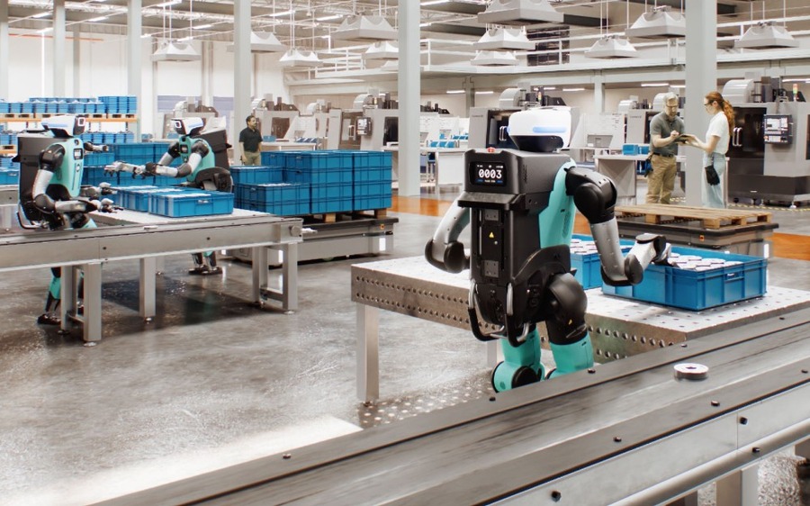 倉庫内で人と並んで稼働するヒューマノイドロボットのイメージ