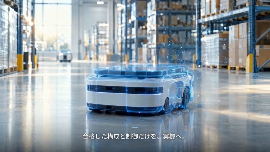 仮想空間で合格した構成と制御だけを実機へ渡す（コンセプトデモ映像より・イメージ）