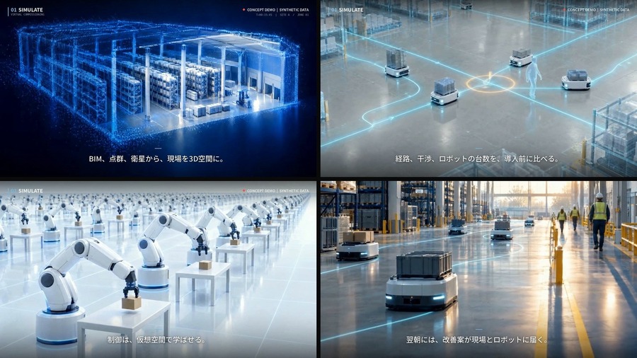 左上から：BIM・点群・衛星からの3D空間生成／経路・干渉・台数の導入前検証／仮想空間での制御の学習／翌朝の改善案配信（コンセプトデモ映像より・イメージ）