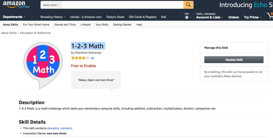 【Amazon Alexaスキル】英語と算数が一緒に勉強出来る「1-2-3 Math」