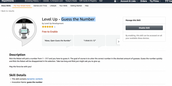 【Amazon Alexaスキル】シンプルな数当てゲーム「Level Up – Guess the Number」には感情が？！