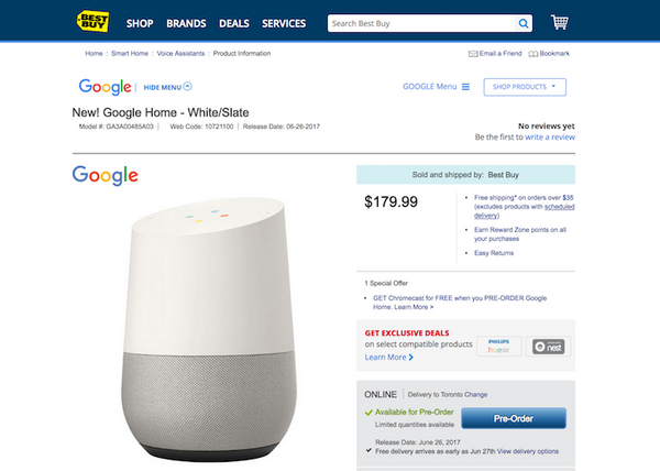 「Google Home」がカナダで6/26より発売へ。