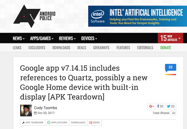 【噂】Amazon Echo Show対抗のディスプレイ搭載Google Home、コードネームは「Quartz」？