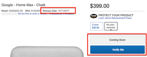 Google Home Max、発売日は2017年12月11日？