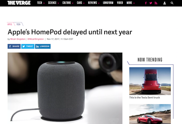 Apple HomePod、発売を2017年末から2018年初旬へ延期