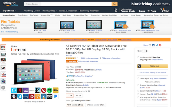 【ブラックフライデー】Alexaハンズフリー搭載の「Amazon Fire HD 10」が33%オフ！