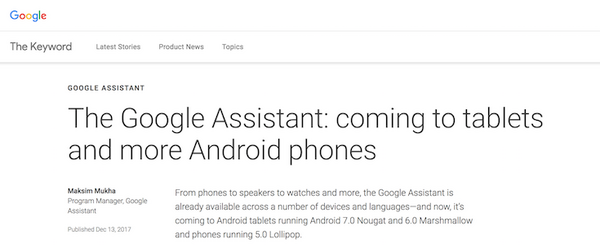 Google Assistantが対応デバイスを拡大、タブレットやAndroid 5.0 Lollipop搭載スマホもサポートへ