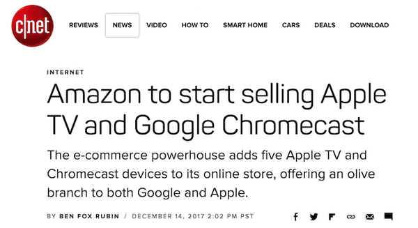 Amazonがライバル製品のApple TV・Chromecastの販売を再開へ、しかしGoogle Homeは販売せず