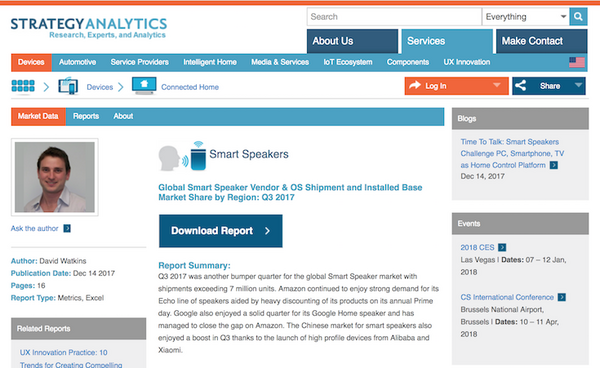 【Strategy Analytics調査】2017年第三四半期の全世界スマートスピーカー出荷台数予測740万台、市場シェア予測はAmazonが67%、Google 25%