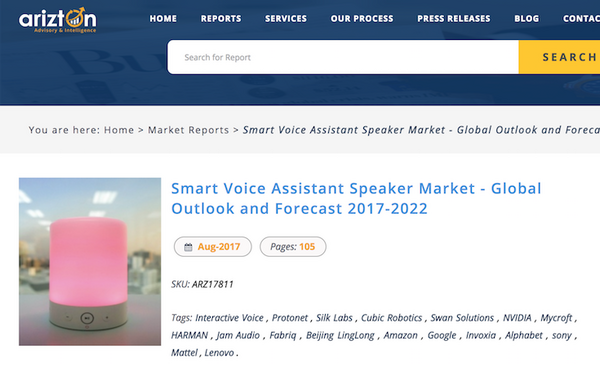 【Arizton調査】世界スマートスピーカー市場規模予測、2022年に5,400億円へ