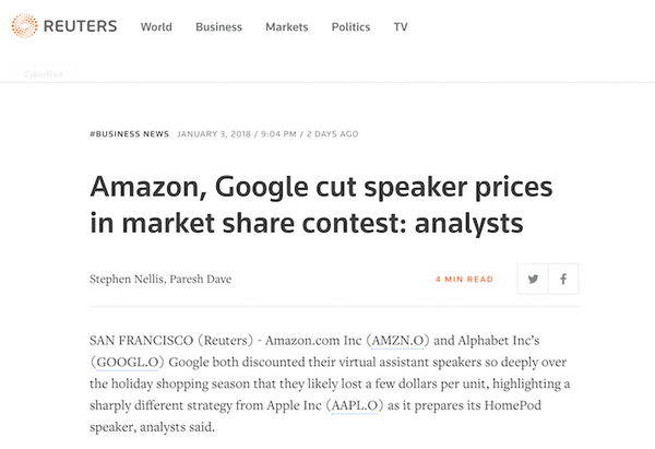 Amazon Echo Dot・Google Home Mini、ホリデーシーズンは原価割れでもシェア拡大を優先