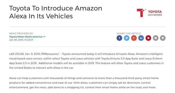 ついにトヨタ車にAmazon Alexa搭載モデル！北米で2018年から搭載へ