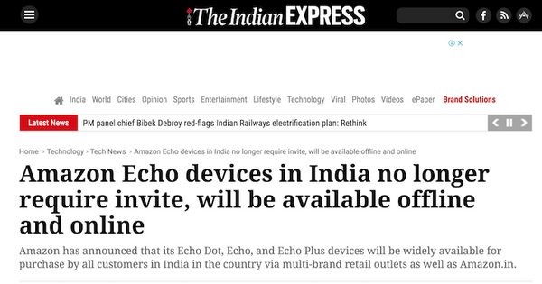 インドのAmazon Echoが招待制から通常販売へ！