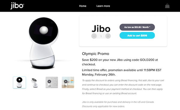 Jiboがオリンピック記念で200ドル引きで販売中