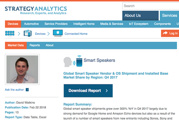 【Strategy Analytics調査】2017年第4四半期の全世界スマートスピーカー出荷台数予測1,860万台、市場シェア予測はAmazon 52%、Google 36%