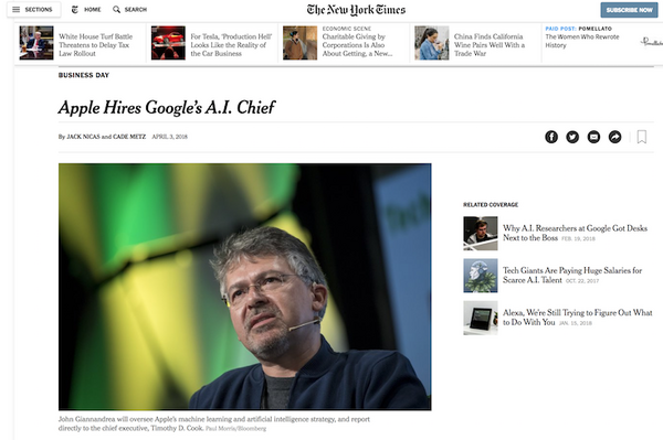 Apple、Google検索・人工知能チーフを採用