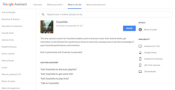 野外音楽フェス「コーチェラ・ヴァレー」のGoogle Assistantアプリ登場