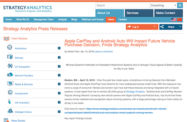 【Strategy Analytics調査】Apple CarPlayとAndroid Autoは将来の自動車購入決定に影響を与える