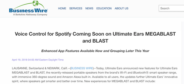 Amazon Alexa搭載のUltimate Ears BLAST/MEGABLASTがアップデート。Spotify Connectや2台以上の接続でステレオモード対応など機能強化