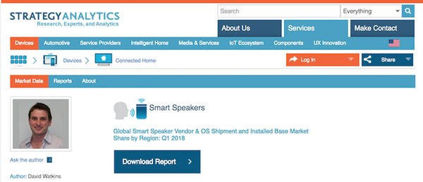 【Strategy Analytics調査】2018年Q1の全世界スマートスピーカー出荷台数は920万台。市場シェアはAmazon 44%、Google 27%、Apple 6%に変化