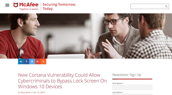 McAfee、Windows10とCortanaのデフォルト設定の脆弱性を報告