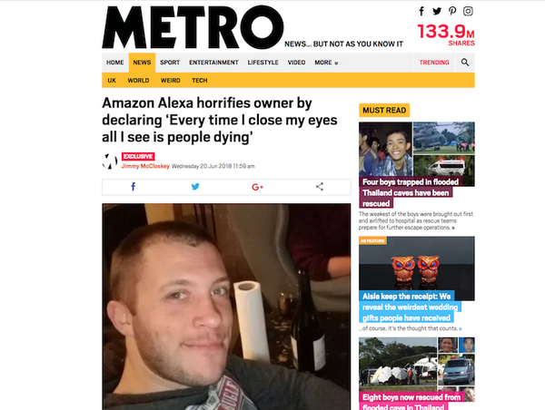 米国でAmazon Alexaが「私が目を閉じるたびに見えるのは、人々が死ぬことだけです」と突然発話した事案が話題に