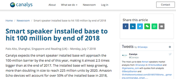全世界スマートスピーカー出荷台数、2018年内に1億台、2022年に3億台超へ。Amazon、Google、Appleのシェア変動は？