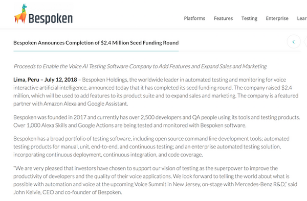 音声スキル・アプリ開発者向けのツールを提供するBespokenが240万ドルを調達