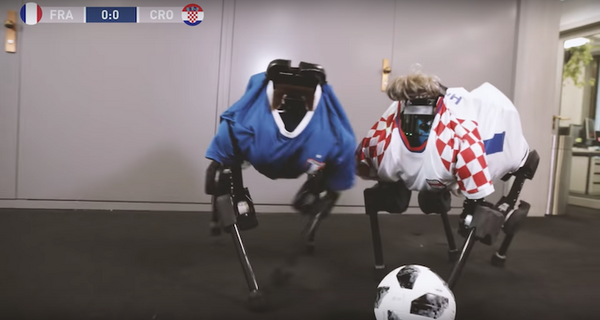 W杯決勝の裏側で4脚ロボット同士がサッカー対決
