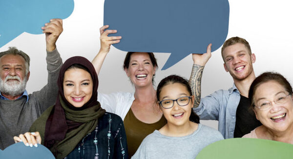 <p>Group of diversity people holding speech bubble sign</p>