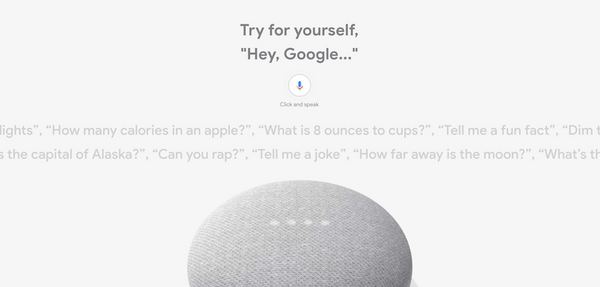 米国Googleストア、Google Home Miniのデモ体験コンテンツを用意。ブラウザから音声でGoogleアシスタントとやりとり可能に。