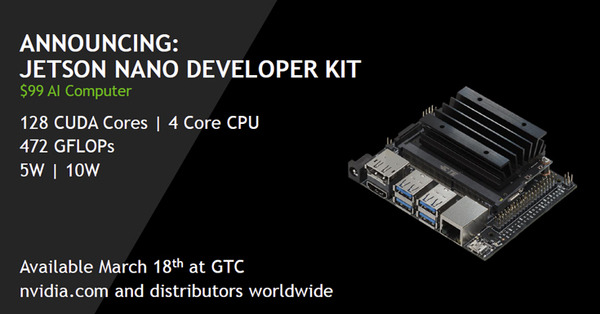 【速報:GTC2019基調講演】超小型のAIコンピュータ「Jetson Nano」発表！開発キットは99ドル、NVIDIAのジェンスンフアンCEOが披露