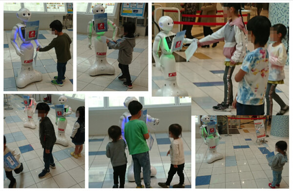 チラシを配る３体のPepper達が子供たちに大人気！人気の秘密は「3体ちがうキャラクター付け」と「チラシ配りテクニック」