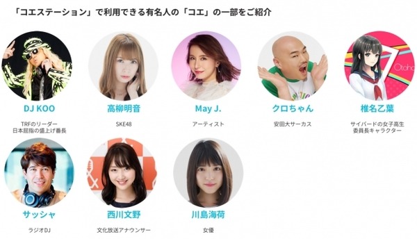 タレントや声優など有名人の「声」で音声合成できる「コエステーション」コエカタログにDJ KOO、高柳明音(SKE48)、May J.、クロちゃん等
