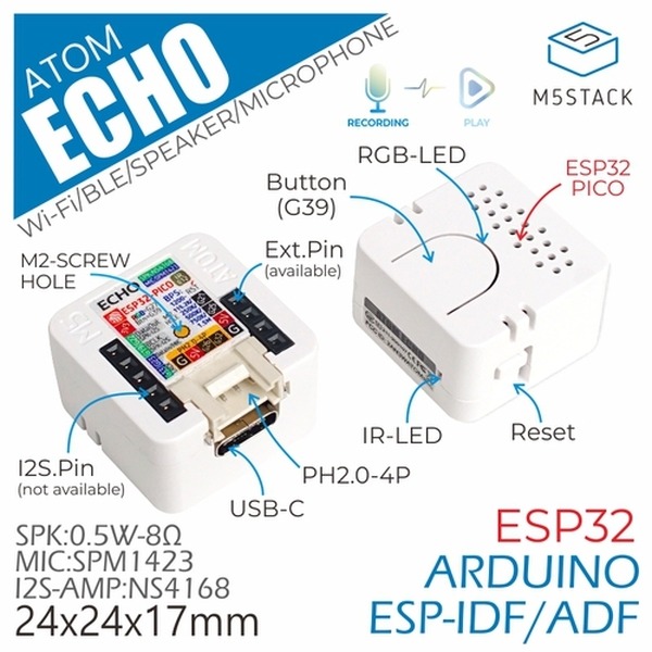 「ATOM Echo スマートスピーカー開発キット」発売　わずか24mm　AWSやGoogle Cloud対応　スイッチサイエンス