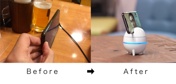 スマホを装着する卵型テレプレゼンスロボット「動く電話テレピー」見回しながら会話もできる
