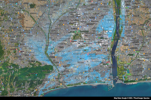 7月3日に平塚市で発生した浸水被害地域をAIで可視化 防災テックベンチャーのSpecteeが公開 川沿いを中心に非常に広い範囲で浸水