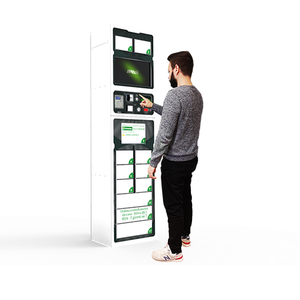 オンラインとスーパーマーケットのハイブリッド　商品は駐車場でロッカーから受け取り　キオスクにはZyBridタッチセンサーを採用