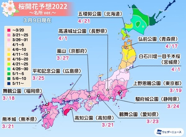来週末には東京・福岡から桜開花スタート？「桜開花予想」をウェザーニュースアプリ「さくら Ch.」で公開中