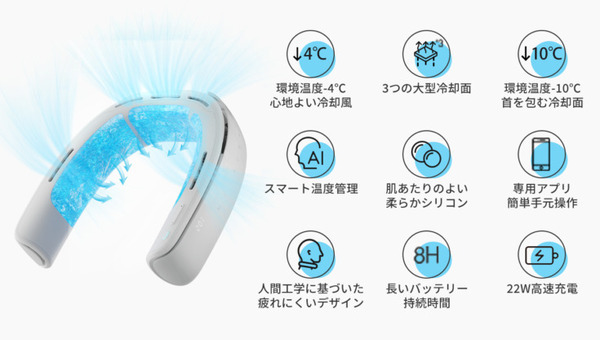 AI搭載の首掛けスマートクーラー「Metaura」Makuakeに登場！最低16度クーラー冷風＆大冷却面 フル充電で5時間以上動作