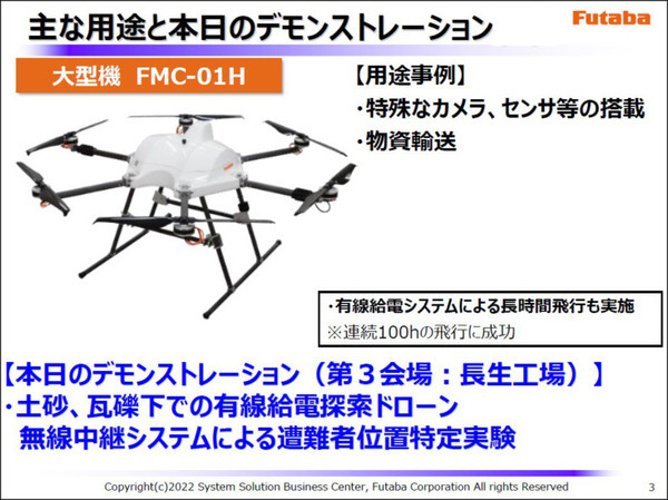 有線給電のドローン2機が連携して100時間連続飛行も　土砂やがれきの下の遭難者のスマホ位置の特定に成功　ソフトバンク、東工大、フタバ共同研究