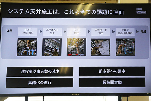 エッジAI搭載、群れで連携して働く「システム天井施工作業ロボット」を公開　テムザックと鹿島建設が共同開発　高所作業を自動化