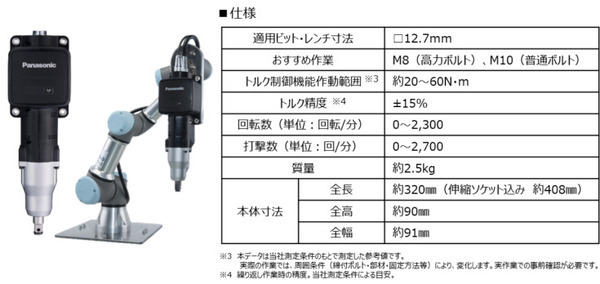 パナソニックが小型協働ロボットに接続できるインパクトレンチ「ロボテックインパクト」発売へ　各種作業検出アシスト機能搭載