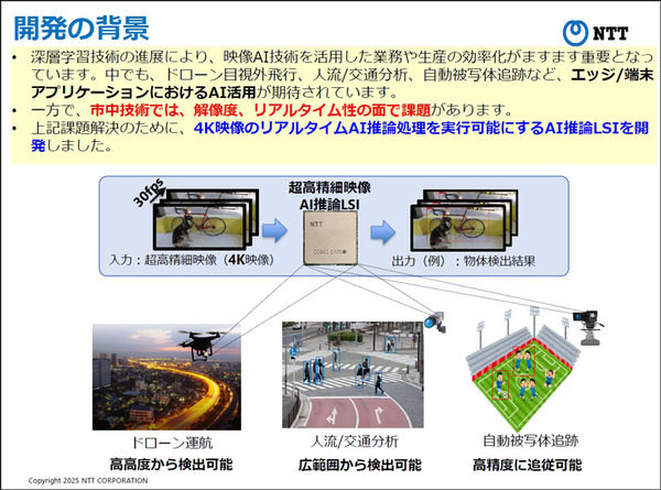NTT、超高精細映像をリアルタイムでAI推論できる「LSI」を開発　解像度制約を4Kに拡張、ドローンなら上空150mから人や物を解析