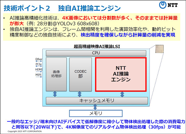 NTT、超高精細映像をリアルタイムでAI推論できる「LSI」を開発　解像度制約を4Kに拡張、ドローンなら上空150mから人や物を解析